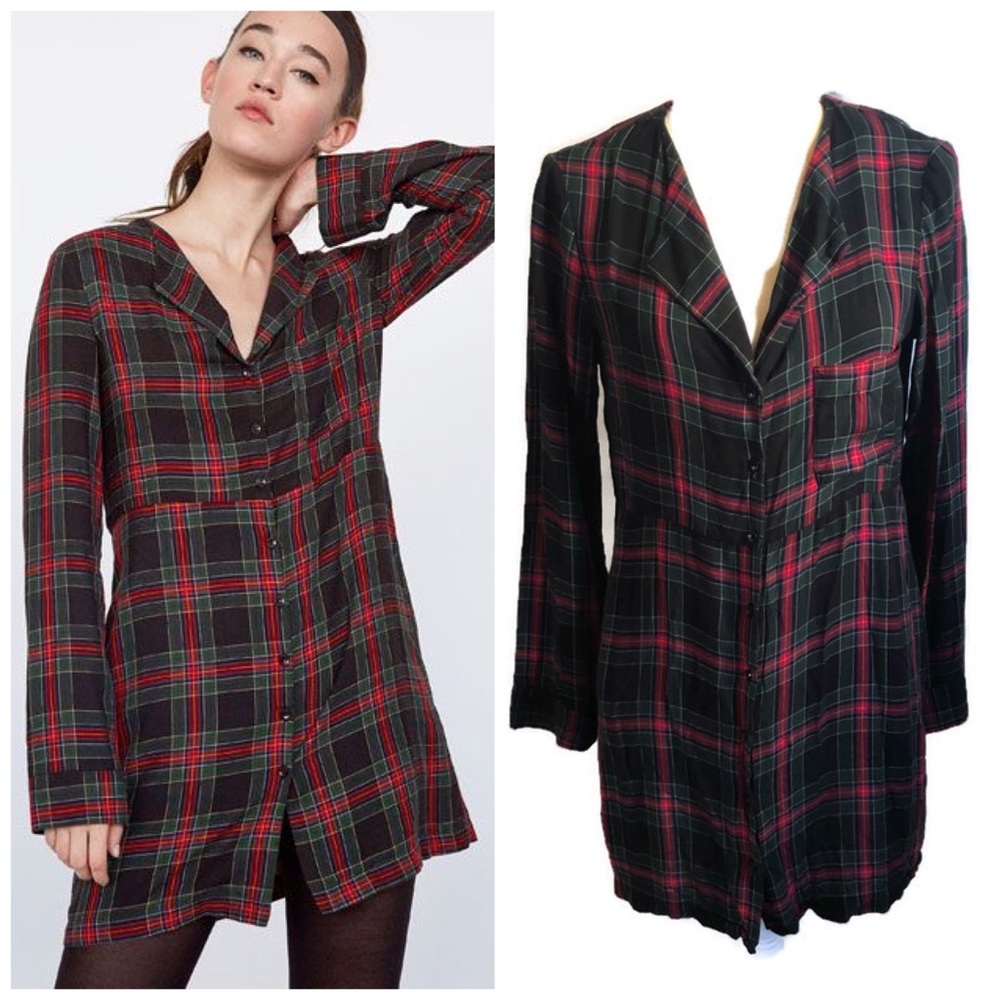 Zara Trafaluc plaid shirt dress with pockets